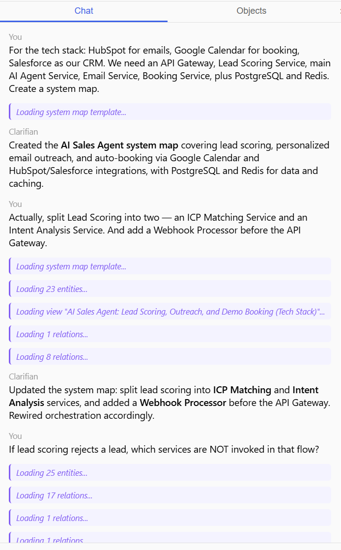 Chat panel with AI extracting system entities